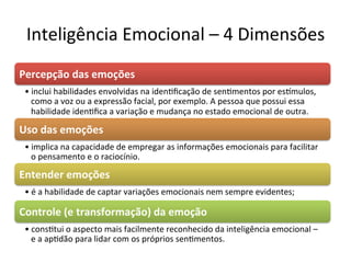 Inteligência	
  Emocional	
  –	
  4	
  Dimensões	
  
Percepção	
  das	
  emoções	
  
 • inclui	
  habilidades	
  envolvidas	
  na	
  idenBﬁcação	
  de	
  senBmentos	
  por	
  es•mulos,	
  
   como	
  a	
  voz	
  ou	
  a	
  expressão	
  facial,	
  por	
  exemplo.	
  A	
  pessoa	
  que	
  possui	
  essa	
  
   habilidade	
  idenBﬁca	
  a	
  variação	
  e	
  mudança	
  no	
  estado	
  emocional	
  de	
  outra.	
  

Uso	
  das	
  emoções	
  
 • implica	
  na	
  capacidade	
  de	
  empregar	
  as	
  informações	
  emocionais	
  para	
  facilitar	
  
   o	
  pensamento	
  e	
  o	
  raciocínio.	
  

Entender	
  emoções	
  
 • é	
  a	
  habilidade	
  de	
  captar	
  variações	
  emocionais	
  nem	
  sempre	
  evidentes;	
  

Controle	
  (e	
  transformação)	
  da	
  emoção	
  
 • consBtui	
  o	
  aspecto	
  mais	
  facilmente	
  reconhecido	
  da	
  inteligência	
  emocional	
  –	
  
   e	
  a	
  apBdão	
  para	
  lidar	
  com	
  os	
  próprios	
  senBmentos.	
  
 
