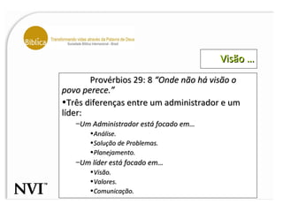 Visão … Provérbios 29: 8  “Onde não há visão o povo perece.” Três diferenças entre um administrador e um líder: Um Administrador está focado em… Análise. Solução de Problemas. Planejamento. Um líder está focado em… Visão. Valores. Comunicação. 