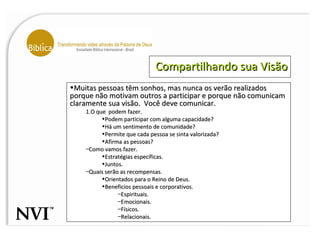 Compartilhando sua Visão Muitas pessoas têm sonhos, mas nunca os verão realizados porque não motivam outros a participar e porque não comunicam claramente sua visão.  Você deve comunicar. O que  podem fazer. Podem participar com alguma capacidade? Há um sentimento de comunidade? Permite que cada pessoa se sinta valorizada? Afirma as pessoas? Como vamos fazer. Estratégias específicas. Juntos. Quais serão as recompensas. Orientados para o Reino de Deus. Beneficios pessoais e corporativos. Espirituais. Emocionais. Físicos. Relacionais. 