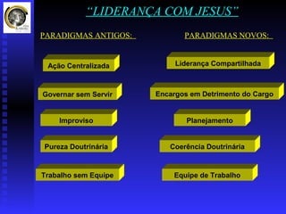“LIDERANÇA COM JESUS”
PARADIGMAS ANTIGOS:          PARADIGMAS NOVOS:


 Ação Centralizada         Liderança Compartilhada



Governar sem Servir   Encargos em Detrimento do Cargo


    Improviso                 Planejamento


Pureza Doutrinária       Coerência Doutrinária



Trabalho sem Equipe       Equipe de Trabalho
 