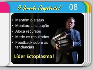 08O Gerente Competente!Mantém o statusMonitora a situaçãoAloca recursos Mede os resultadosFeedback sobre as tendênciasLíder Ectoplasma!