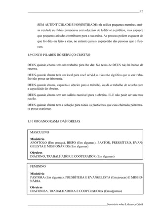 ____________________________________________________________________________________ 12




       SEM AUTENTICIDADE E HONESTIDADE: ele utiliza pequenas mentiras, mei-
       as verdade ou falsas promessas com objetivo de ludibriar o público, mas esquece
       que pequenas atitudes contribuem para a sua ruína. As pessoas podem esquecer do
       que foi dito ou feito a elas, no entanto jamais esquecerão das pessoas que o fize-
       ram.

1.9 CINCO PILARES DO SERVIÇO CRISTÃO


DEUS quando chama tem um trabalho para lhe dar. No reino de DEUS não há banco de
reserva.
DEUS quando chama tem um local para você servi-Lo. Isso não significa que o seu traba-
lho não possa ser itinerante.

DEUS quando chama, capacita o obreiro para o trabalho, ou dá o trabalho de acordo com
a capacidade do obreiro.
DEUS quando chama tem um salário razoável para o obreiro. ELE não pode ser um mau
patrão.
DEUS quando chama tem a solução para todos os problemas que essa chamada porventu-
ra possa ocasionar.


1.10 ORGANOGRAMA DAS IGREJAS


  MASCULINO

  Ministério
  APÓSTOLO (Em poucas), BISPO (Em algumas), PASTOR, PRESBÍTERO, EVAN-
  GELISTA E MISSIONÁRIOS (Em algumas)
  Obreiros
  DIÁCONO, TRABALHADOR E COOPERADOR (Em algumas)


  FEMININO

  Ministério
  PASTORA (Em algumas), PRESBÍTERA E EVANGELISTA (Em poucas) E MISSIO-
  NÁRIA.
  Obreiras
  DIACONISA, TRABALHADORA E COOPERADORA (Em algumas)



____________________________________________________________Seminário sobre Liderança Cristã
 