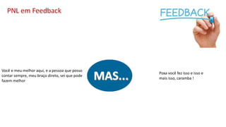 PNL em Feedback
Poxa você fez isso e isso e
mais isso, caramba !
Você e meu melhor aqui, e a pessoa que posso
contar sempre, meu braço direto, sei que pode
fazem melhor
 