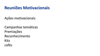 Reuniões Motivacionais
Ações motivacionais
Campanhas temáticas
Premiações
Reconhecimento
Kits
cafés
 