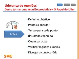 Antes
 Definir o objetivo
 Pontos a abordar
 Tempo para cada ponto
 Resultado esperado
 Quem participa
 Verificar logística e meios
 Divulgar a convocatória
Liderança de reuniões
Como tornar uma reunião produtiva – O Papel do Líder
9
 