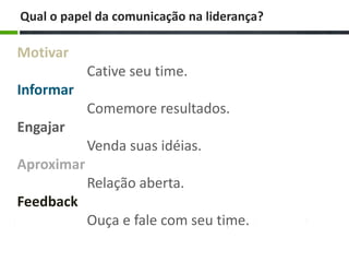 Qual o papel da comunicação na liderança?
Motivar
Cative seu time.
Informar
Comemore resultados.
Engajar
Venda suas idéias.
Aproximar
Relação aberta.
Feedback
Ouça e fale com seu time.
 