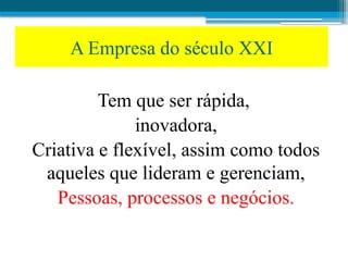 Tem que ser rápida,
inovadora,
Criativa e flexível, assim como todos
aqueles que lideram e gerenciam,
Pessoas, processos e negócios.
A Empresa do século XXI
 
