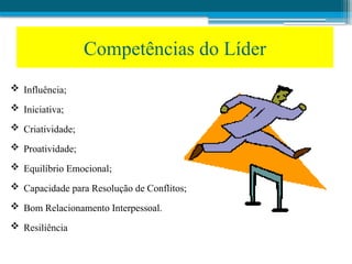  Influência;
 Iniciativa;
 Criatividade;
 Proatividade;
 Equilíbrio Emocional;
 Capacidade para Resolução de Conflitos;
 Bom Relacionamento Interpessoal.
 Resiliência
Competências do Líder
 