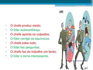 • O chefe produz medo;
• O líder autoconfiança.
• O chefe aponta os culpados;
• O líder corrige os equívocos.
• O chefe sabe tudo;
• O líder faz perguntas.
• O chefe faz do trabalho um fardo;
• O líder o torna interessante.
• Russel H. Ewing (escritor inglês)
 