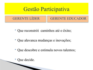 GERENTE LÍDER
 Que reconstrói caminhos até o êxito;
 Que alavanca mudanças e inovações;
 Que descobre e estimula novos talentos;
 Que decide.
GERENTE EDUCADOR
Gestão Participativa
 
