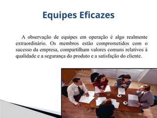 A observação de equipes em operação é algo realmente
extraordinário. Os membros estão comprometidos com o
sucesso da empresa, compartilham valores comuns relativos à
qualidade e a segurança do produto e a satisfação do cliente.
Equipes Eficazes
 