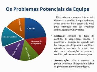 Os Problemas Potenciais da Equipe
Eles existem e sempre irão existir.
Gerenciar o conflito é o que realmente
acaba com ele. Para gerenciá-lo você
pode empregar um dos seguintes
estilos, segundo Chiavenato:
• Evitação: consiste na fuga do
conflito. É empregado quando o
problema é corriqueiro, quando não
há perspectiva de ganhar o conflito ,
quando se necessita de tempo para
obter uma informação ou quando o
conflito pode tornar-se desvantajoso.
• Acomodação: visa a resolver os
pontos de menor divergência e deixar
os problemas maiores para depois.
A
s
s
é
d
i
o
M
o
r
a
l
Outros
Mudança de
Composição
P
r
e
g
u
i
ç
a
S
o
c
i
a
l
C
l
a
r
e
z
a
n
a
s
M
e
t
a
s
Gestão de Conflitos
 