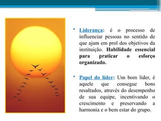 • Liderança: é o processo de
influenciar pessoas no sentido de
que ajam em prol dos objetivos da
instituição. Habilidade essencial
para praticar o esforço
organizado.
• Papel do líder: Um bom líder, é
aquele que consegue bons
resultados, através do desempenho
de sua equipe, incentivando o
crescimento e preservando a
harmonia e o bem estar do grupo.
 