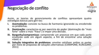 Negociação de conflito
Assim, as teorias de gerenciamento de conflitos apresentam quatro
estratégias básicas para geri-los:
I. Acomodação: consiste na busca de harmonia ignorando ou encobrindo
os problemas.
II. Dominação: caracteriza-se por exercício do poder (dominação do “mais
forte” sobre o mais “fraco”) e impor uma decisão.
III. Barganha/compromisso: compreende um processo em que cada parte
envolvida cede em algum aspecto, a fim de encontrar uma solução
viável; e
IV. Solução integrativa de problemas: envolve satisfazer ambas as partes
por meio de propostas de soluções alternativas (CIAMPONE; KURCGANT,
2011)
 