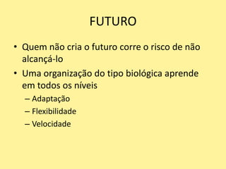 Organização MedíocreBaseia-se na obediência cega Tem hierarquia forteFuncionários obedientes são commodity:Trabalho repetitivo e rotineiroReativos e passivosFuncionários com capacidades básicas e obedientes a empresa consegue com facilidade – logo não é vantagem competitiva