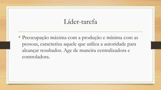 Líder-tarefa 
•Preocupação máxima com a produção e mínima com as pessoas, caracteriza aquele que utiliza a autoridade para alcançar resultados. Age de maneira centralizadora e controladora.  
