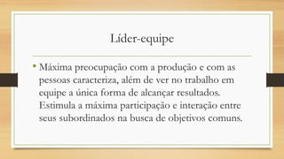 Líder-equipe 
•Máxima preocupação com a produção e com as pessoas caracteriza, além de ver no trabalho em equipe a única forma de alcançar resultados. Estimula a máxima participação e interação entre seus subordinados na busca de objetivos comuns.  
