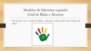 Modelos de liderança segundo
Grid de Blake e Mouton
• De acordo com o modelo de Blake e Mouton, existem cinco tipos básicos de
líder:
 