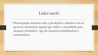 Líder-tarefa
• Preocupação máxima com a produção e mínima com as
pessoas, caracteriza aquele que utiliza a autoridade para
alcançar resultados. Age de maneira centralizadora e
controladora.
 