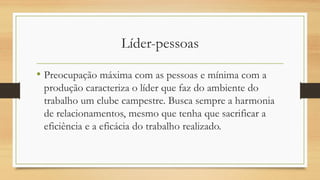 Líder-pessoas
• Preocupação máxima com as pessoas e mínima com a
produção caracteriza o líder que faz do ambiente do
trabalho um clube campestre. Busca sempre a harmonia
de relacionamentos, mesmo que tenha que sacrificar a
eficiência e a eficácia do trabalho realizado.
 