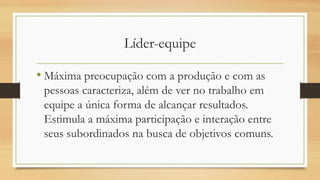 Líder-equipe
• Máxima preocupação com a produção e com as
pessoas caracteriza, além de ver no trabalho em
equipe a única forma de alcançar resultados.
Estimula a máxima participação e interação entre
seus subordinados na busca de objetivos comuns.
 
