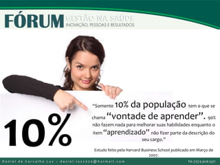 “Somente 10% da população tem o que se
chama “vontade de aprender”. 90%
não fazem nada para melhorar suas habilidades enquanto o
item “aprendizado” não fizer parte da descrição do
seu cargo.”
Estudo feito pela Harvard Business School publicado em Março de
2007.
10%D a n i e l d e C a r v a l h o L u z – d a n i e l . l u z 2 0 2 0 @ h o t m a i l . c o m Tel. (15) 9 9126 5571
 
