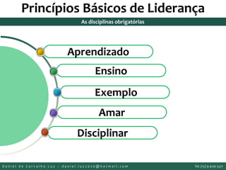 Princípios Básicos de Liderança
Disciplinar
Amar
Exemplo
Ensino
Aprendizado
As disciplinas obrigatórias
D a n i e l d e C a r v a l h o L u z – d a n i e l . l u z 2 0 2 0 @ h o t m a i l . c o m Tel. (15) 9 9126 5571
 