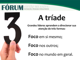 A tríade
Grandes líderes aprendem a direcionar sua
atenção de três formas:
Foco em si mesmo;
Foco nos outros;
Foco no mundo em geral.
 