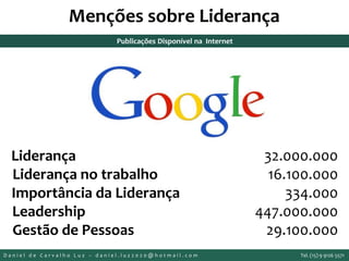 Publicações Disponível na Internet
Menções sobre Liderança
Liderança 32.000.000
Liderança no trabalho 16.100.000
Importância da Liderança 334.000
Leadership 447.000.000
Gestão de Pessoas 29.100.000
D a n i e l d e C a r v a l h o L u z – d a n i e l . l u z 2 0 2 0 @ h o t m a i l . c o m Tel. (15) 9 9126 5571
 