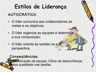 Estilos de Liderança 
AUTOCRÁTICA: 
• O líder comunica aos colaboradores as 
metas e os objetivos; 
• O líder organiza as equipes e determina 
a sua composição; 
• O líder orienta as tarefas na sua 
perspectiva. 
Conseqüências: 
Desmotivação da equipe; Clima de desconfiança; 
Baixa qualidade nas tarefas. 
 