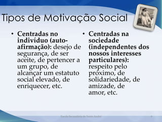 Tipos de Motivação Social
 • Centradas no           •            Centradas na
   indivíduo (auto-                    sociedade
   afirmação): desejo de               (independentes dos
   segurança, de ser                   nossos interesses
   aceite, de pertencer a              particulares):
   um grupo, de                        respeito pelo
   alcançar um estatuto                próximo, de
   social elevado, de                  solidariedade, de
   enriquecer, etc.                    amizade, de
                                       amor, etc.


                  Escola Secundária de Santo André          6
 