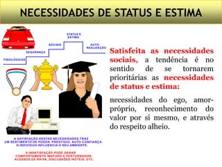 A SATISFAÇÃO DESTAS NECESSIDADES TRAZ
UM SENTIMENTO DE PODER, PRESTÍGIO, AUTO-CONFIANÇA:
O INDIVÍDUO INFLUENCIA O SEU AMBIENTE.
A INSATISFAÇÃO PODE GERAR
COMPORTAMENTO IMATURO E PERTURBADOR:
ACESSOS DE RAIVA, DISCUSSÕES INÚTEIS, ETC.
SATISFEITAS AS NECESSIDADES SOCIAIS,
A TENDÊNCIA É NO SENTIDO DE SE TORNAREM PRIORITÁRIAS
AS NECESSIDADES DE STATUS E ESTIMA: NECESSIDADES DO EGO,
AMOR-PRÓPRIO, RECONHECIMENTO DO VALOR POR SI MESMA E
ATRAVÉS DO RESPEITO ALHEIO.
AUTO-
REALIZAÇÃO
STATUS E
ESTIMA
SOCIAIS
SEGURANÇA
FISIOLÓGICAS
Satisfeita as necessidades
sociais, a tendência é no
sentido de se tornarem
prioritárias as necessidades
de status e estima:
necessidades do ego, amor-
próprio, reconhecimento do
valor por si mesmo, e através
do respeito alheio.
NECESSIDADES DE STATUS E ESTIMA
 