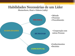 HABILIDADES
TÉCNICA
HUMANAS
CONCEITUAL
Habilidades Necessárias de um Líder
Shemerhorn, Hunt e Osborn (1985)
• Método
• Processo
• Procedimento
• Cooperação com
outras Pessoas
•Conhecimentos
•Decisões
 