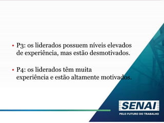 • P3: os liderados possuem níveis elevados
de experiência, mas estão desmotivados.
• P4: os liderados têm muita
experiência e estão altamente motivados.
 