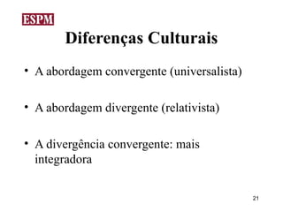 Diferenças Culturais
• A abordagem convergente (universalista)

• A abordagem divergente (relativista)

• A divergência convergente: mais
  integradora

                                            21
 
