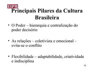 Principais Pilares da Cultura
          Brasileira
• O Poder – hierarquia e centralização do
  poder decisório

• As relações – coletivista e emocional –
  evita-se o conflito

• Flexibilidade – adaptabilidade, criatividade
  e indisciplina
                                             22
 