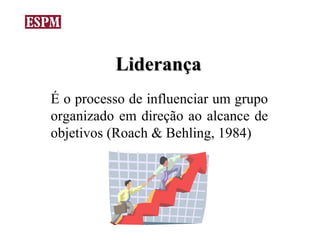 Liderança
É o processo de influenciar um grupo
organizado em direção ao alcance de
objetivos (Roach & Behling, 1984)
 