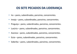 OS SETE PECADOS DA LIDERANÇA

Ira – pares, subordinados, parceiros, concorrentes.

Inveja – pares, subordinados, parceiros, concorrentes.

Preguiça – pares, subordinados, parceiros, concorrentes.

Luxúria – pares, subordinados, parceiros, concorrentes.

Avareza – pares, subordinados, parceiros, concorrentes.

Gula – pares, subordinados, parceiros, concorrentes.

Soberba – pares, subordinados, parceiros, concorrentes.
 