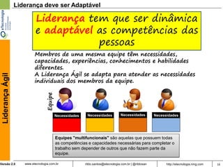 Liderança deve ser Adaptável

                           Liderança tem que ser dinâmica
                           e adaptável as competências das
                                       pessoas
                           Membros de uma mesma equipe têm necessidades,
                           capacidades, experiências, conhecimentos e habilidades
                           diferentes.
                           A Liderança Ágil se adapta para atender as necessidades
 Liderança Ágil




                           individuais dos membros da equipe.
                                  Equipe




                                           Necessidades    Necessidades           Necessidades          Necessidades




                                           Equipes "multifuncionais" são aquelas que possuem todas
                                           as competências e capacidades necessárias para completar o
                                           trabalho sem depender de outros que não fazem parte da
                                           equipe.

Versão 2.0           www.etecnologia.com.br               rildo.santos@etecnologia.com.br | @rildosan         http://etecnologia.ning.com   16
 