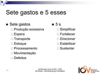 Sete gastos e 5 esses
     Sete gastos                         5s
       Produção excessiva                     Simplificar
       Espera                                 Fortalecer
       Transporte                             Direcionar
       Estoque                                Estabilizar
       Processamento                          Sustentar
       Movimentação
       Defeitos


                      Certificação Lean do IOV - USO
10
                   INTERNO - REPRODUÇÃO PROIBIDA
 