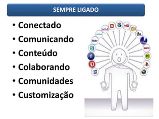 SEMPRE LIGADO 
• Conectado 
• Comunicando 
• Conteúdo 
• Colaborando 
• Comunidades 
• Customização 
 