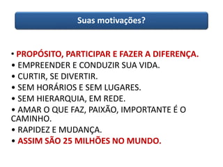 Suas motivações? 
• PROPÓSITO, PARTICIPAR E FAZER A DIFERENÇA. 
• EMPREENDER E CONDUZIR SUA VIDA. 
• CURTIR, SE DIVERTIR. 
• SEM HORÁRIOS E SEM LUGARES. 
• SEM HIERARQUIA, EM REDE. 
• AMAR O QUE FAZ, PAIXÃO, IMPORTANTE É O 
CAMINHO. 
• RAPIDEZ E MUDANÇA. 
• ASSIM SÃO 25 MILHÕES NO MUNDO. 
 