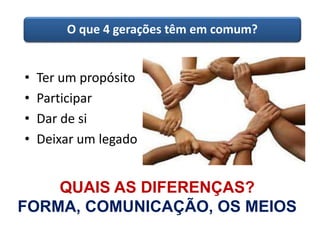 O que 4 gerações têm em comum? 
• Ter um propósito 
• Participar 
• Dar de si 
• Deixar um legado 
QUAIS AS DIFERENÇAS? 
FORMA, COMUNICAÇÃO, OS MEIOS 
 