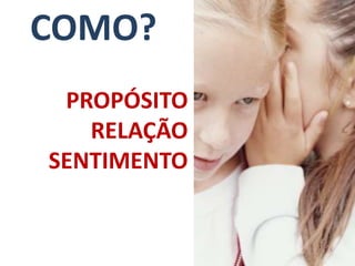 COMO? 
PROPÓSITO 
RELAÇÃO 
SENTIMENTO 
 