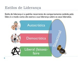 Estilos de Liderança
Autocrática
Democrática
Liberal (laissez-
faire
Estilo de liderança é o padrão recorrente de comportamento exibido pelo
líder, é o modo como ele exerce a sua liderança sobre os seus liderados.
 