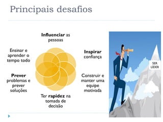 Principais desafios
Influenciar as
pessoas
Inspirar
confiança
Construir e
manter uma
equipe
motivada
Ter rapidez na
tomada de
decisão
Prever
problemas e
prever
soluções
Ensinar e
aprender o
tempo todo
SER
LÍDER
 