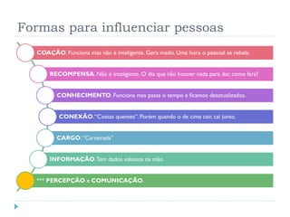 Formas para influenciar pessoas
COAÇÃO. Funciona mas não é inteligente. Gera medo. Uma hora o pessoal se rebela.
RECOMPENSA. Não é inteligente. O dia que não houver nada para dar, como fará?
CONHECIMENTO. Funciona mas passa o tempo e ficamos desatualizados.
CONEXÃO.“Costas quentes”. Porém quando o de cima cair, cai junto.
CARGO.“Carteirada”
INFORMAÇÃO.Tem dados valiosos na mão.
*** PERCEPÇÃO e COMUNICAÇÃO.
 