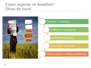 Como superar os desafios?
Dicas de ouro!
Conhecer a si mesmo
Conhecer a sua empresa
Conhecer as pessoas
Desenvolver as pessoas
Cultivar postura e hábitos profissionais
 