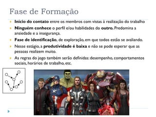 Fase de Formação
 Início do contato entre os membros com vistas à realização do trabalho
 Ninguém conhece o perfil e/ou habilidades do outro. Predomina a
ansiedade e a insegurança.
 Fase de identificação, de exploração, em que todos estão se avaliando.
 Nesse estágio, a produtividade é baixa e não se pode esperar que as
pessoas realizem muito.
 As regras do jogo também serão definidas: desempenho, comportamentos
sociais, horários de trabalho, etc.
 