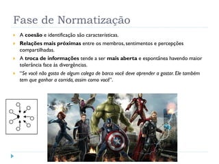 Fase de Normatização
 A coesão e identificação são características.
 Relações mais próximas entre os membros, sentimentos e percepções
compartilhadas.
 A troca de informações tende a ser mais aberta e espontânea havendo maior
tolerância face às divergências.
 “Se você não gosta de algum colega de barco você deve aprender a gostar. Ele também
tem que ganhar a corrida, assim como você”.
 